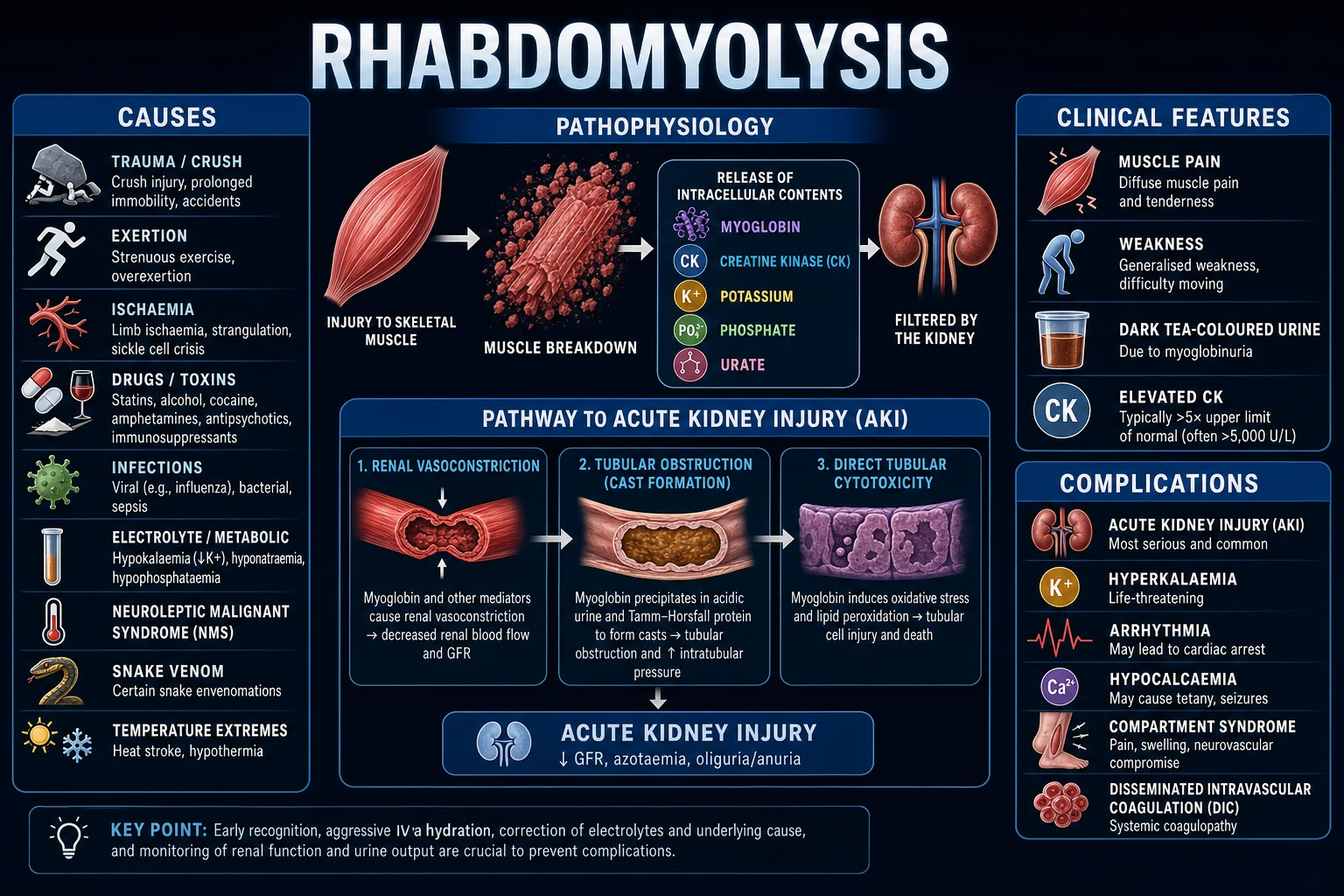 Clean infographic of causes, clinical features, complications and investigations of rhabdomyolysis