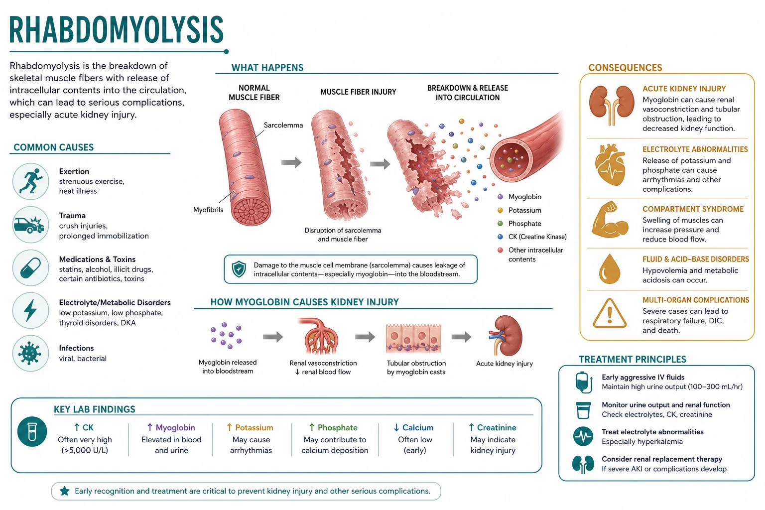 Mechanism infographic: ATP depletion and calcium influx drive calpain activation and myofibril destruction, with release of myoglobin creatine kinase potassium and phosphate causing AKI hyperkalaemia and hypocalcaemia