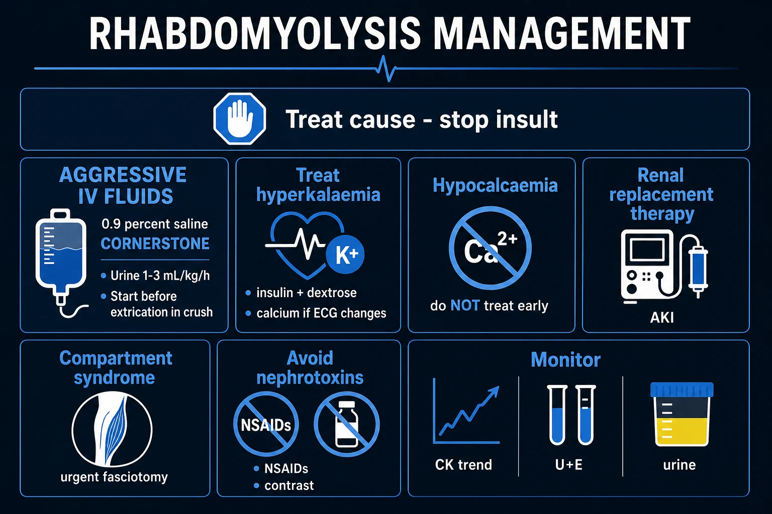 Clean management infographic: fluids cornerstone, treat hyperkalaemia, treat the cause, fasciotomy for compartment syndrome, RRT for AKI