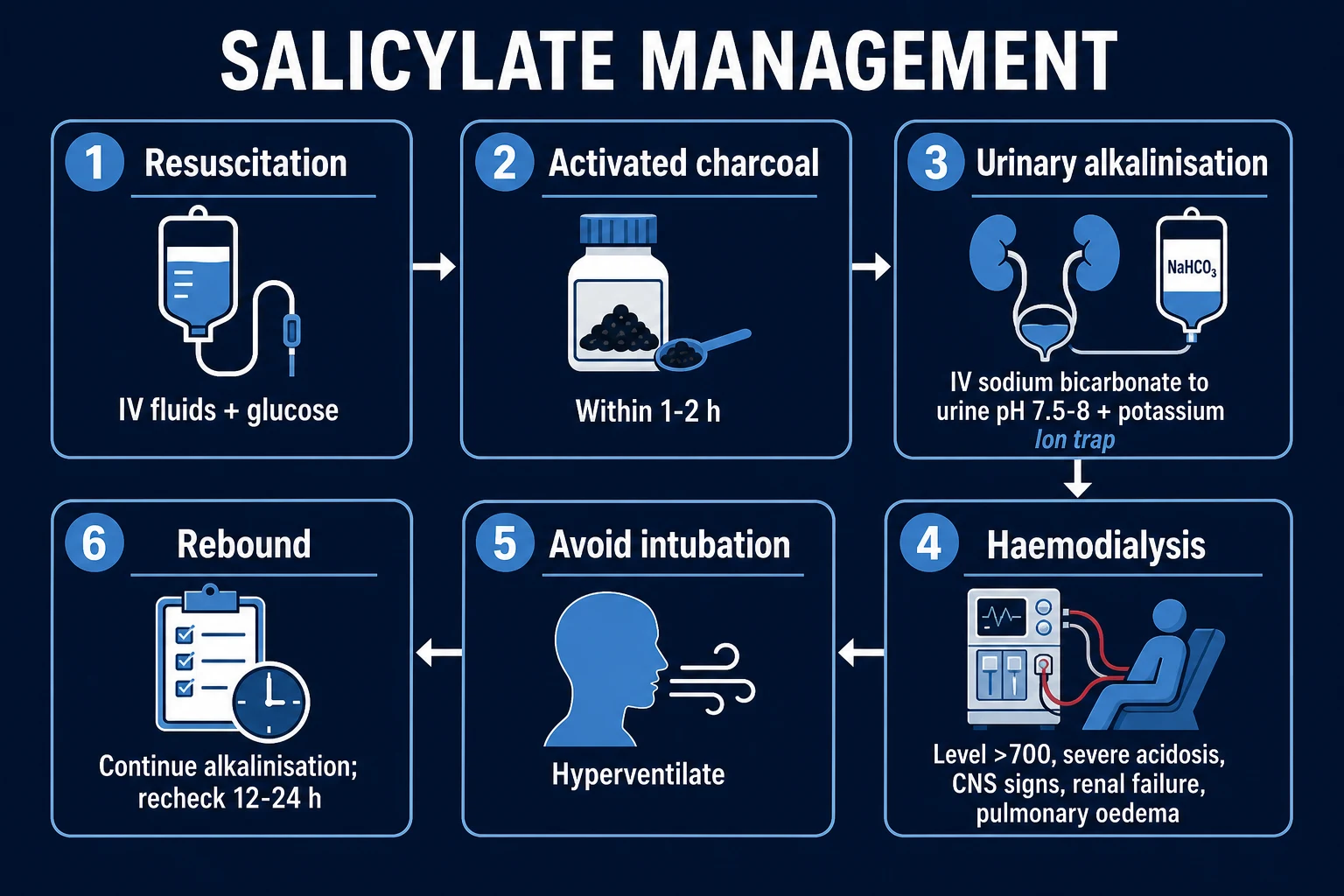 Clean treatment pathway infographic for salicylate overdose: gastrointestinal decontamination with charcoal, urinary alkalinisation with IV sodium bicarbonate to urine pH at least 7.5 with potassium correction, and the EXTRIP extracorporeal thresholds for intermittent haemodialysis