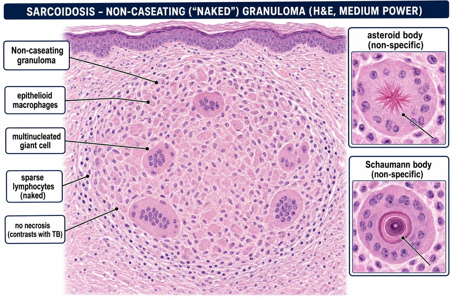 High-detail photomicrograph-style illustration of a non-caseating sarcoid granuloma with epithelioid cells and Langhans giant cells