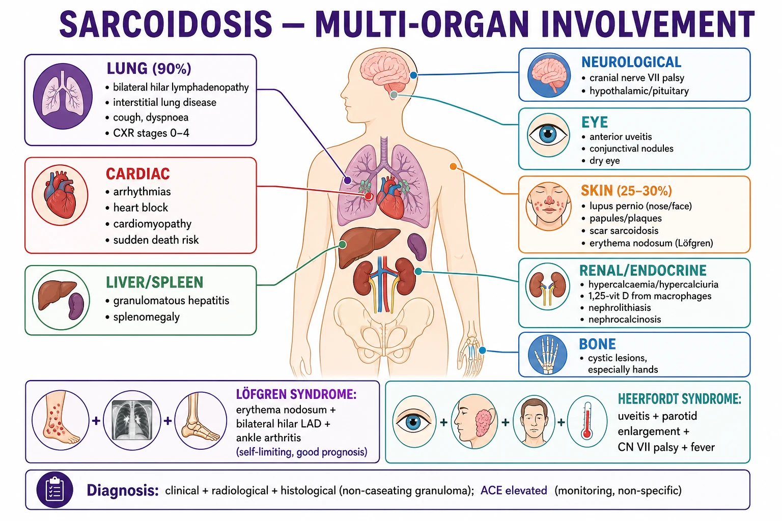 Clean multisystem infographic showing lungs, lymph nodes, skin, eyes, heart, nerves, liver, spleen, bone and kidney with sarcoid granulomas