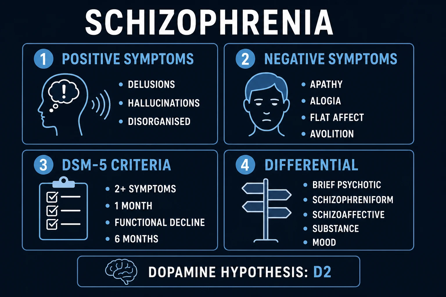 Classification infographic: schizophrenia spectrum by duration and the three symptom domains