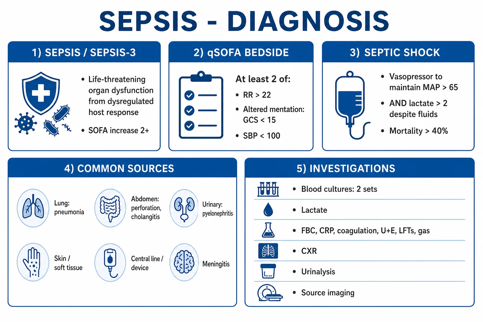 Clean infographic: Sepsis-3 definitions plus qSOFA plus SOFA, with the severity ladder and common sources