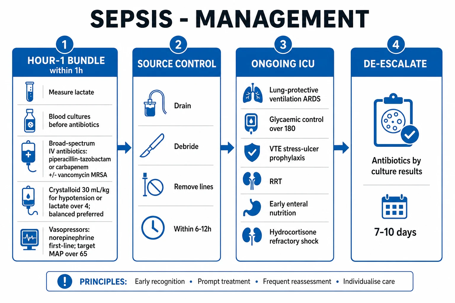 Clean management infographic: the Surviving Sepsis Campaign Hour-1 bundle — lactate, blood cultures, broad-spectrum antibiotics, crystalloid, vasopressors — plus source control and ICU organ support