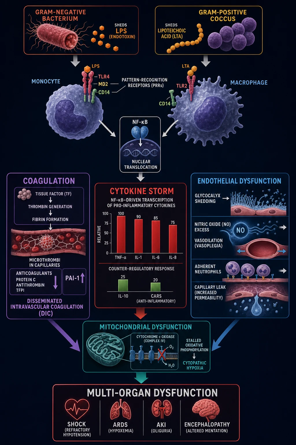 Scientific pathophysiology infographic of the sepsis cascade: PAMP recognition by TLR4/TLR2, NF-kB cytokine storm, endothelial dysfunction and NO-mediated vasoplegia, coagulation activation with DIC, mitochondrial cytopathic hypoxia, converging on multi-organ dysfunction
