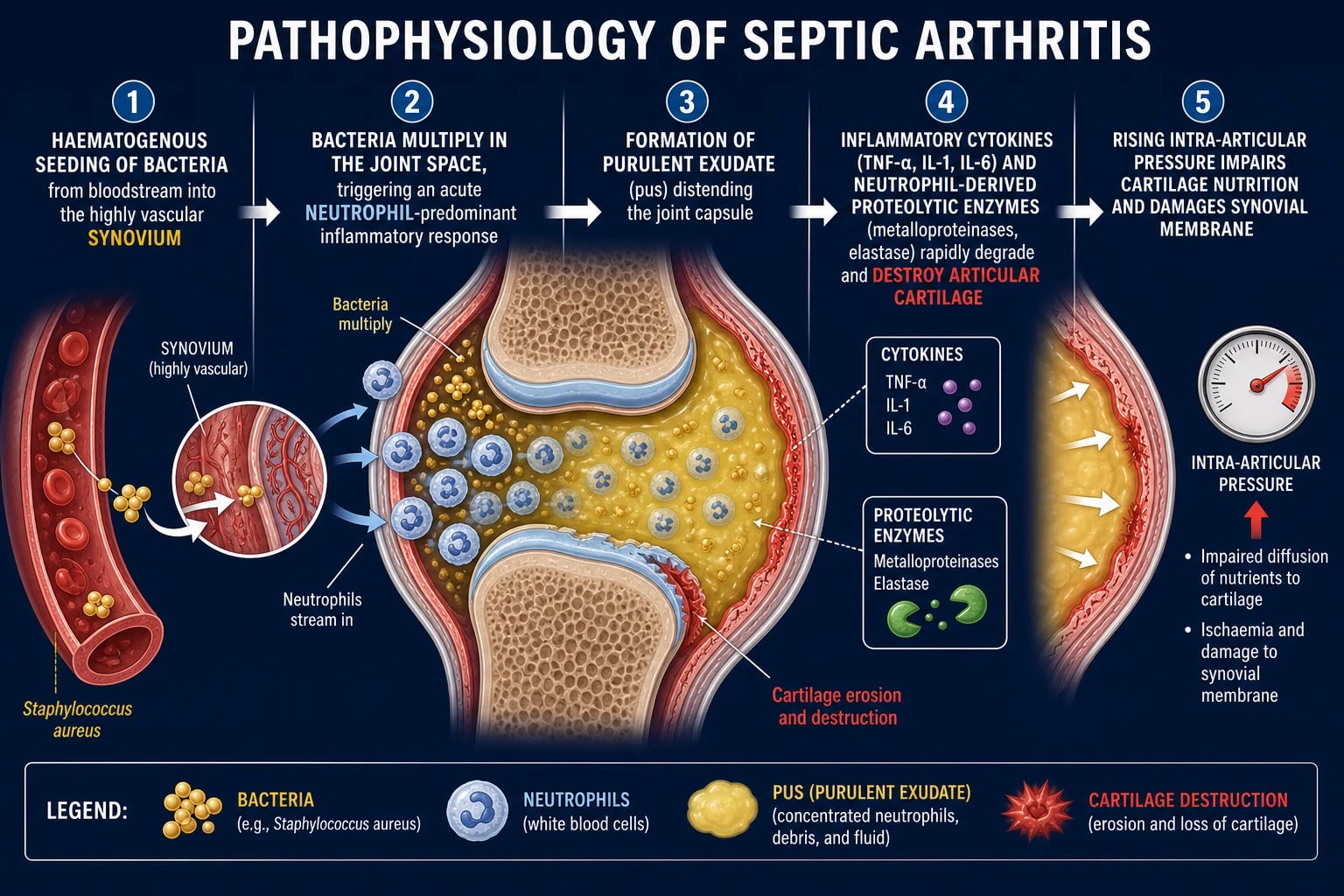 Clean horizontal pathophysiology infographic: haematogenous bacterial seeding of the vascular synovium, neutrophil influx, purulent exudate, cytokine and enzyme-driven cartilage destruction, rising intra-articular pressure, deep navy background