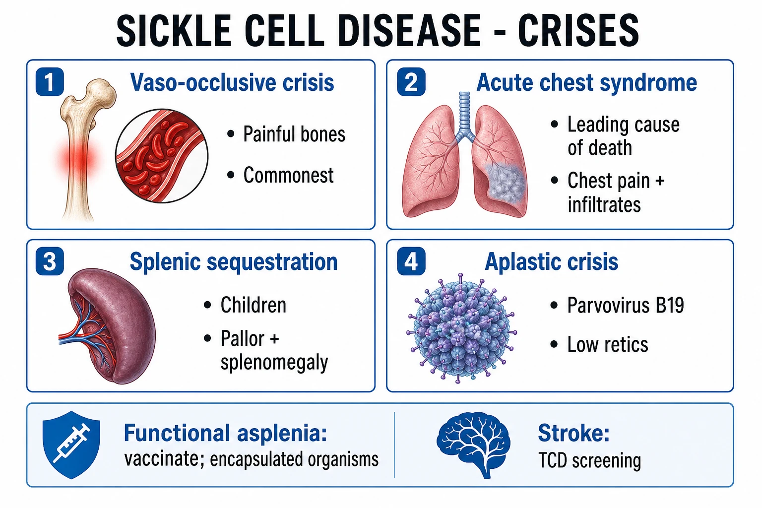 Clean infographic of sickle cell crises and complications