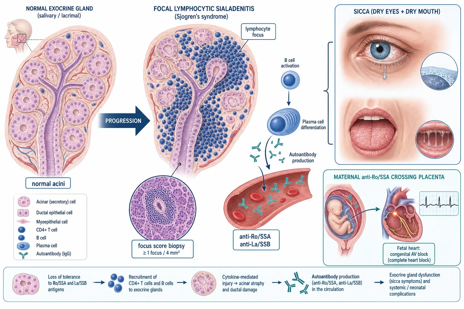 Pathophysiology of Sjogren's syndrome — focal lymphocytic sialadenitis, B-cell hyperactivity and the sicca consequences.