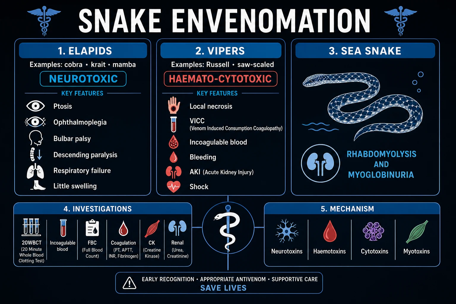 Clean infographic comparing elapid neurotoxic vs viper haematotoxic/cytotoxic syndromes with onset, local signs, systemic effects and 20WBCT findings