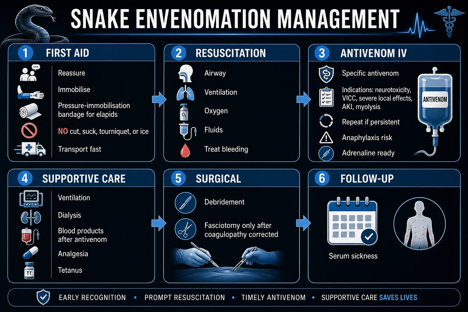 Clean management infographic showing first aid resuscitation antivenom and complication management pathway for snake envenomation