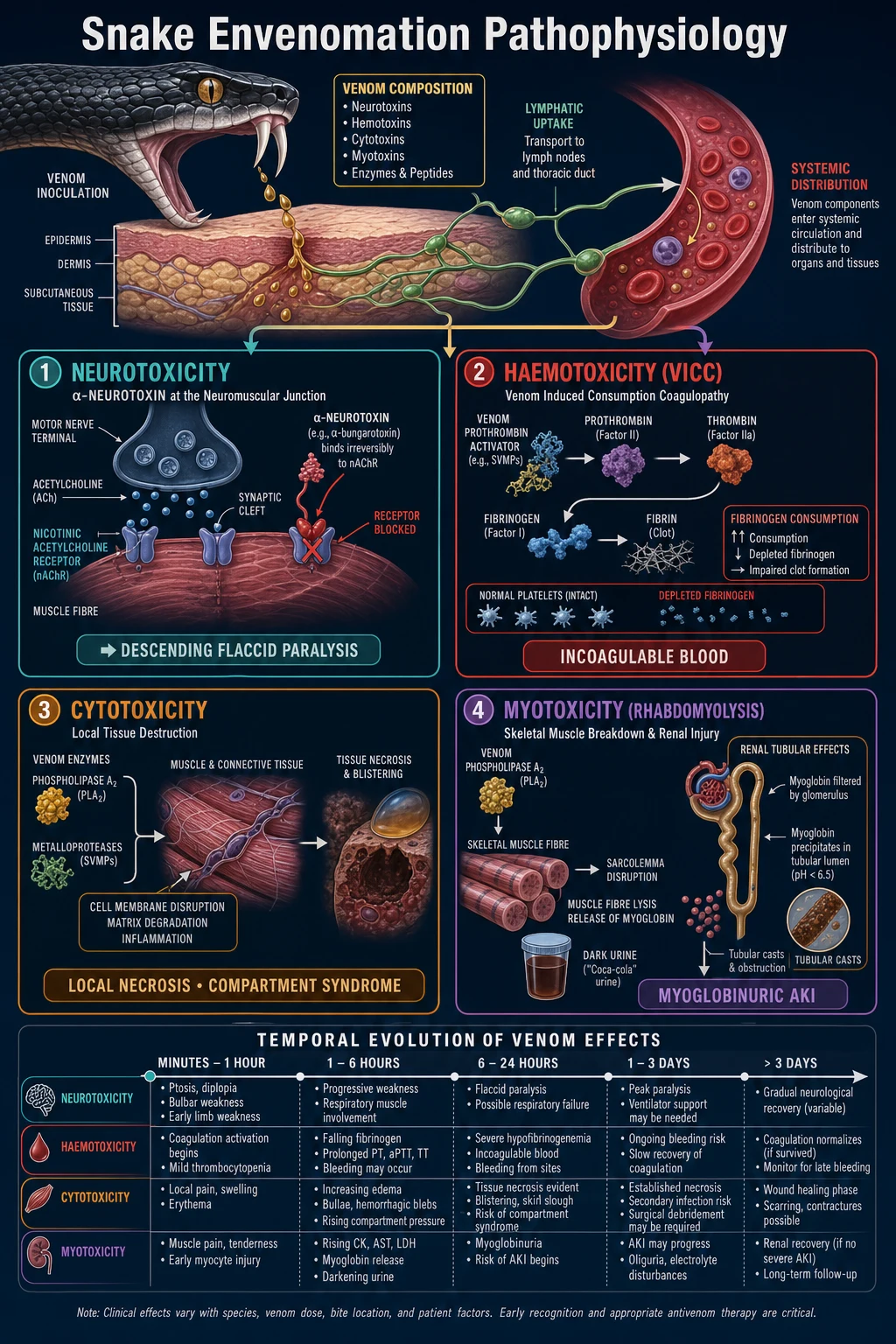 Mechanism infographic of snake venom pathophysiology showing fang injection, lymphatic spread and four toxin pathways neurotoxicity VICC cytotoxicity and rhabdomyolysis