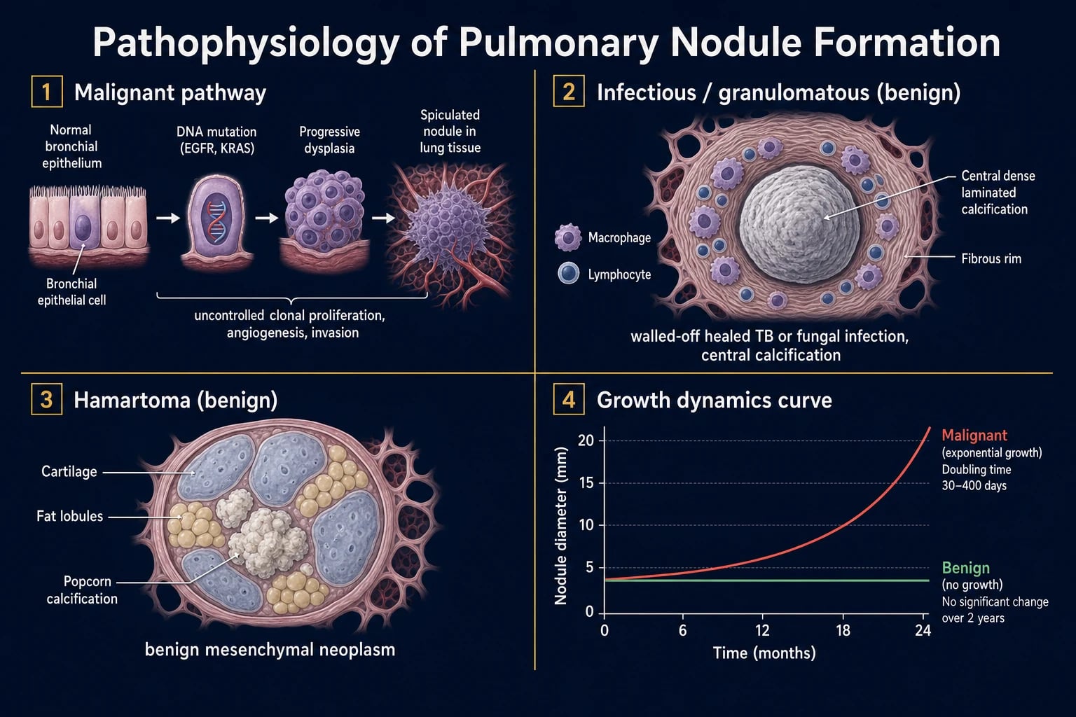 Pathophysiology infographic with four panels: malignant adenocarcinoma sequence, benign granuloma, hamartoma, and growth-doubling-time curve