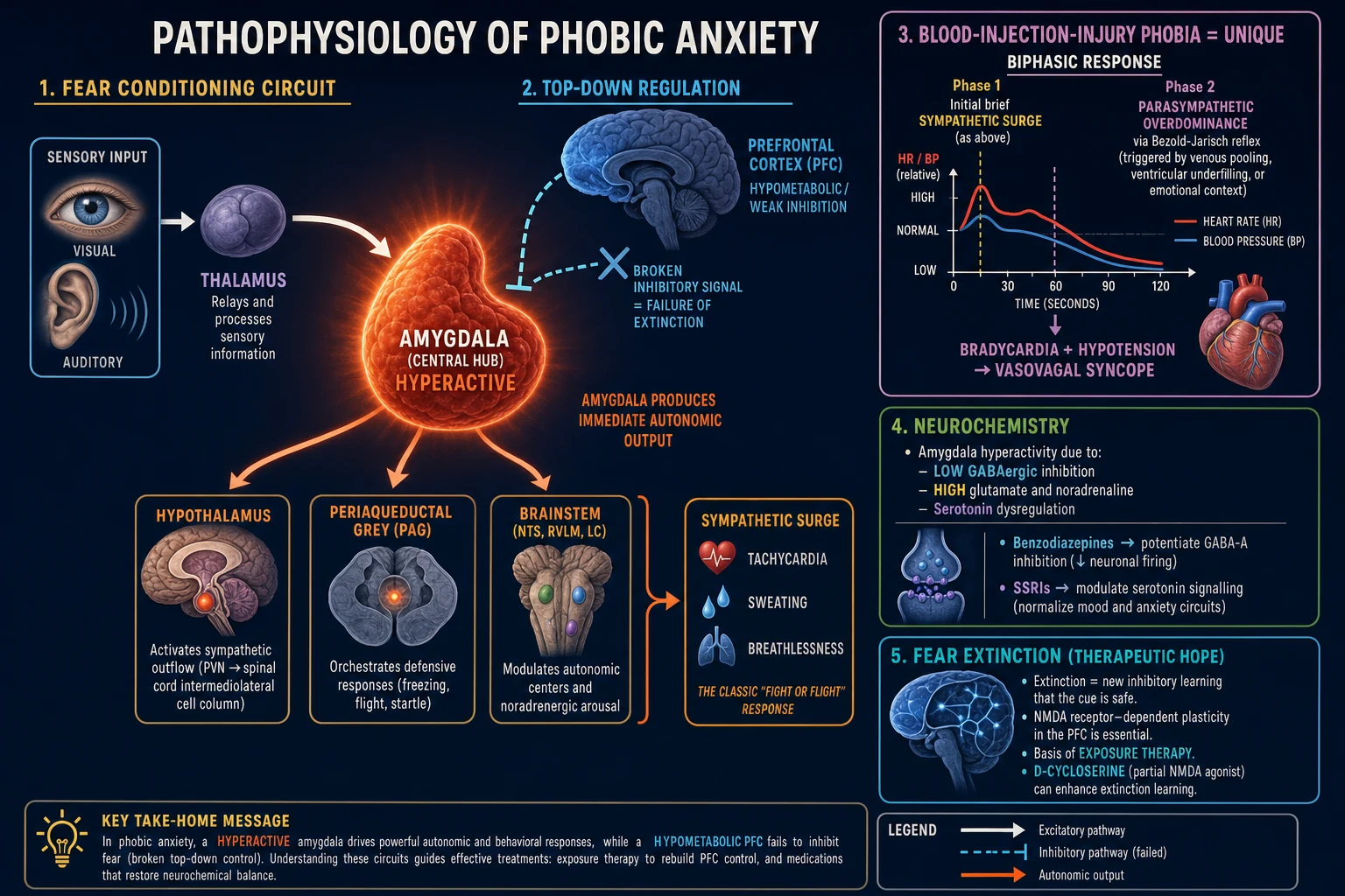 Labelled schematic of the brain fear-conditioning circuit showing thalamus-to-amygdala fast pathway, prefrontal top-down inhibition, the unique biphasic vasovagal response of blood-injection-injury phobia, and the neurochemistry of extinction