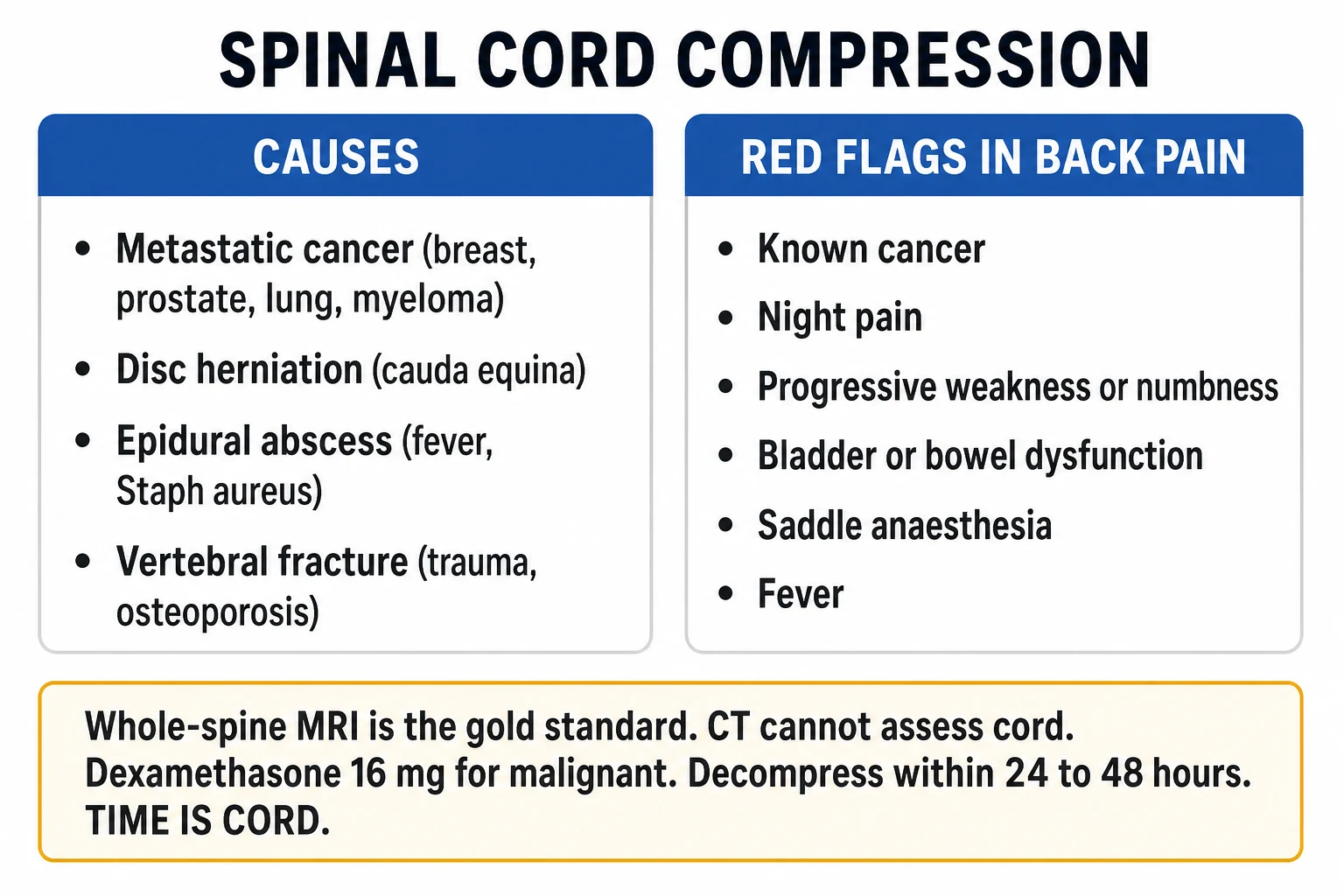 Clean two-column infographic of cord compression causes and red flags