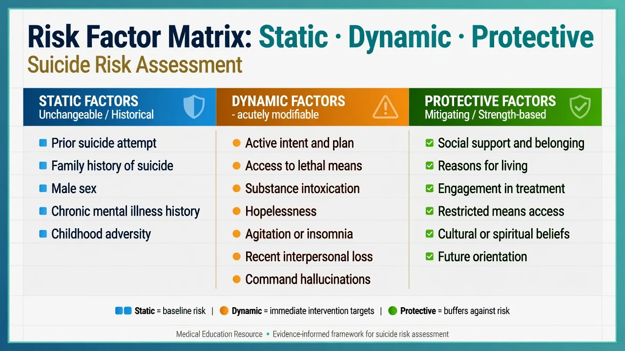 Clean infographic showing risk factors, protective factors, assessment framework, and management ladder
