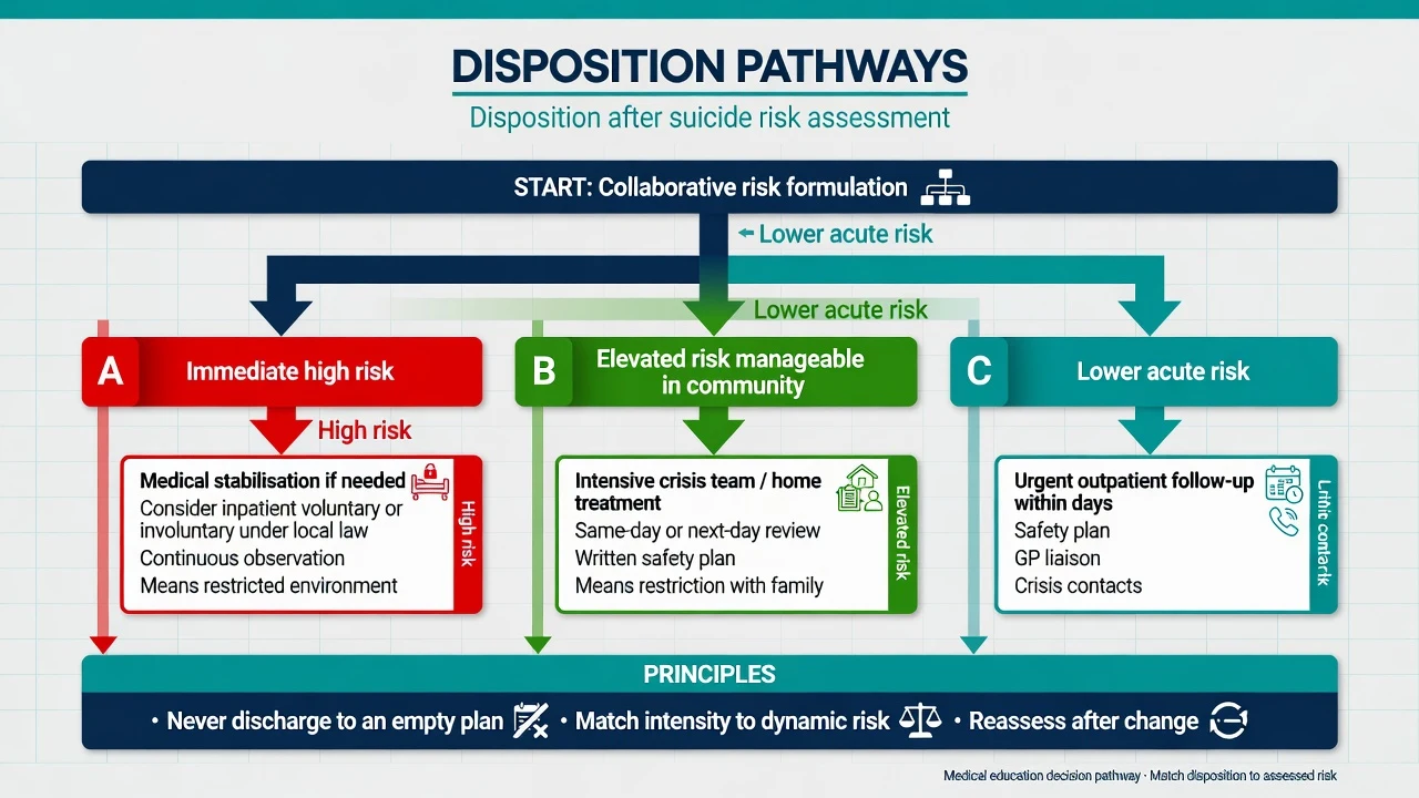 Clean management infographic showing risk stratification, intervention, safety planning, and follow-up