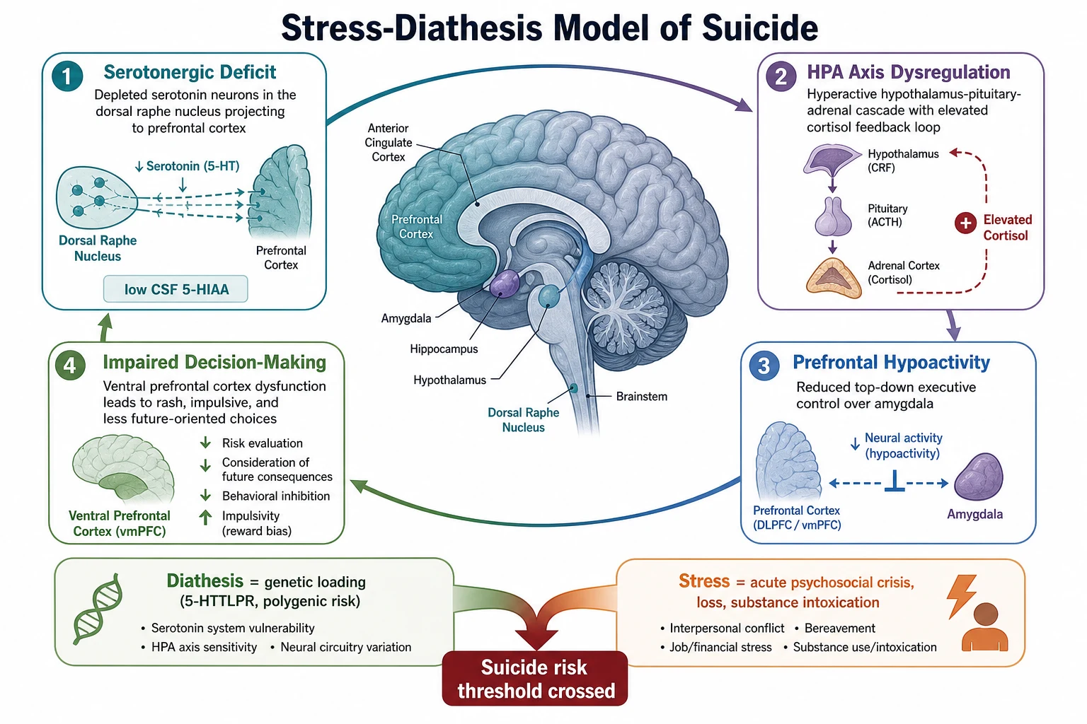 Medical educational infographic of the stress-diathesis model of suicide showing serotonergic deficit, HPA-axis dysregulation, prefrontal hypoactivity and impaired decision-making converging on the suicide-risk threshold