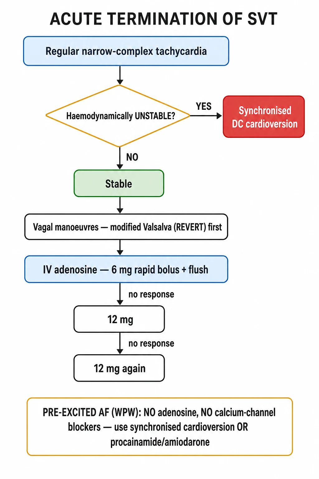 Clean management flowchart: stable narrow-complex SVT ladder - modified Valsalva, then IV adenosine escalation, verapamil or beta-blocker, then DC cardioversion; unstable - synchronised cardioversion; WPW-AF - avoid AV-nodal blockers, use DC cardioversion