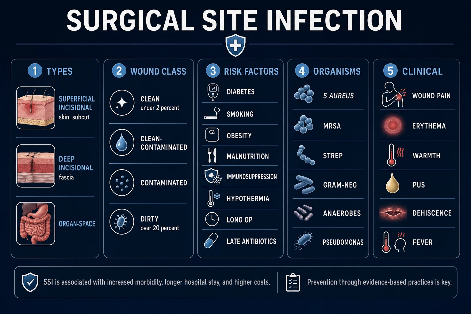 CDC classification of SSI by depth (superficial, deep, organ/space) alongside the traditional wound-contamination class and NNIS/NHSN risk index.