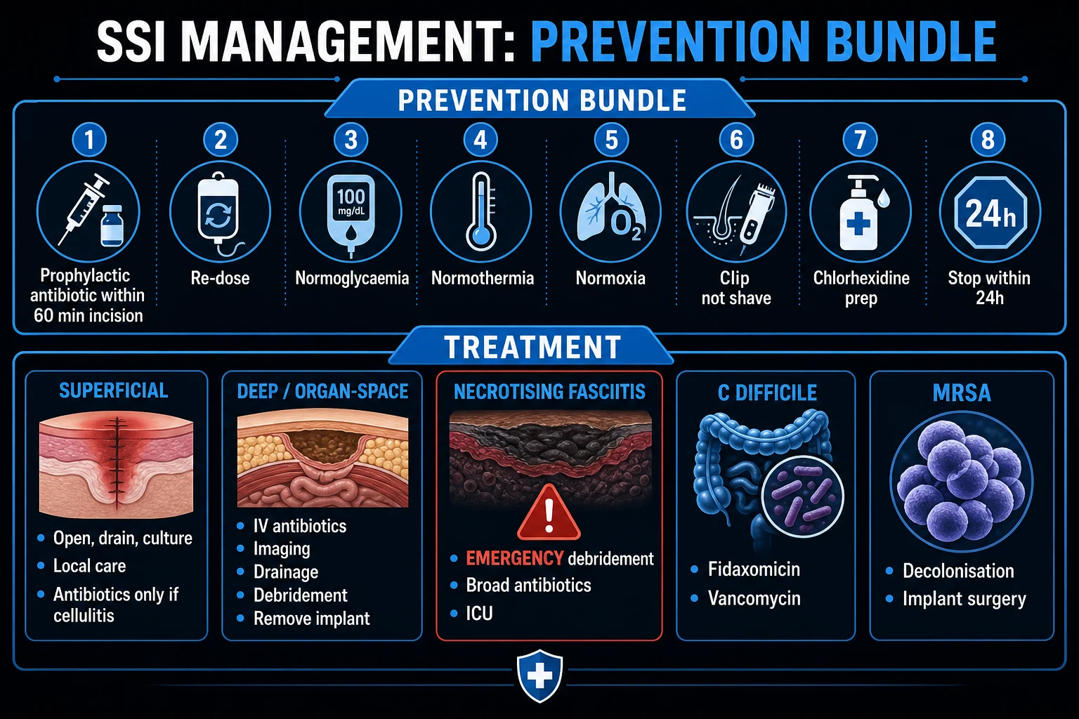 SSI management algorithm by depth: superficial (open, dress), deep (debride, IV antibiotics), organ/space (drain, source control, IV antibiotics, re-operation).