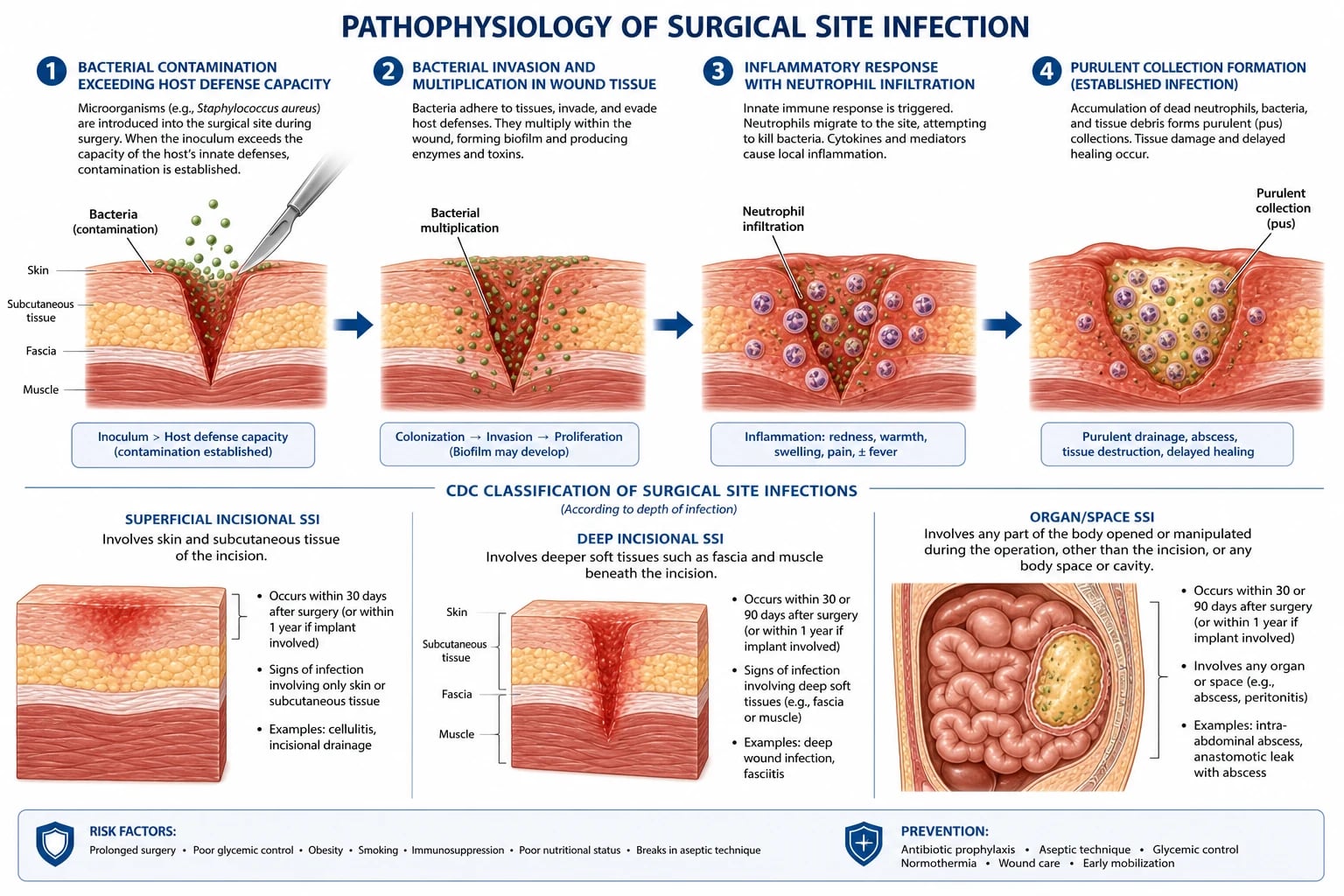 Pathophysiology of SSI: bacterial inoculum versus host defence, biofilm on implants, and the inflammation cascade.
