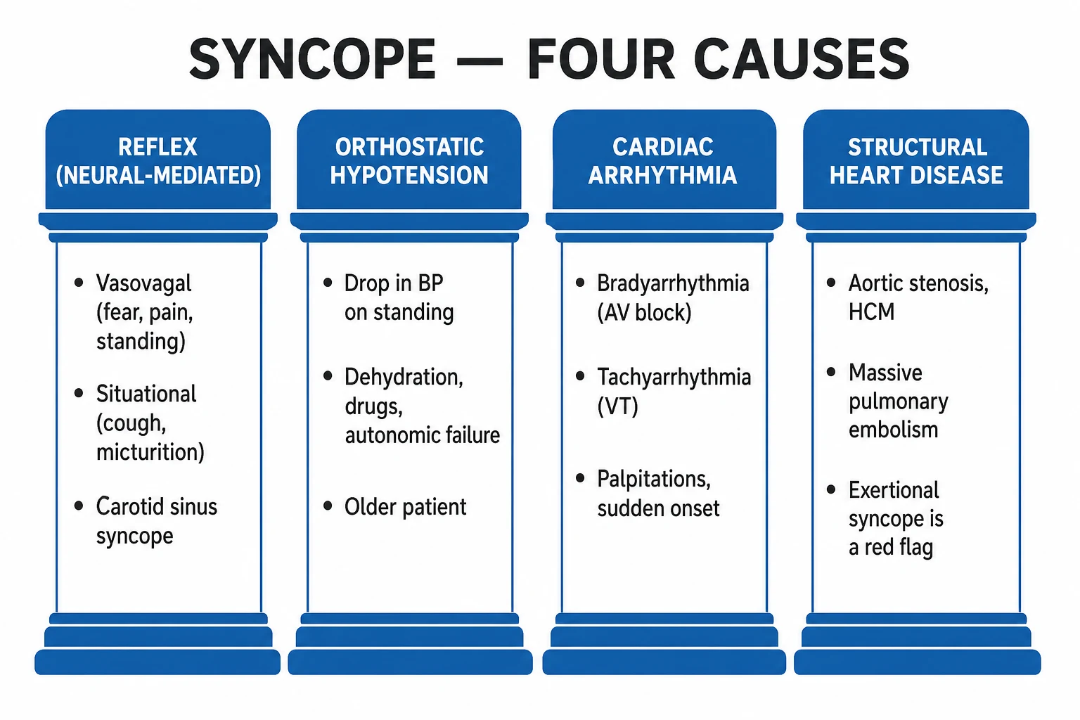 Clean infographic showing three columns: Reflex syncope (vasovagal, situational, carotid sinus), Orthostatic hypotension (non-neurogenic vs neurogenic), Cardiac (arrhythmia vs structural obstruction), with key clues beneath each