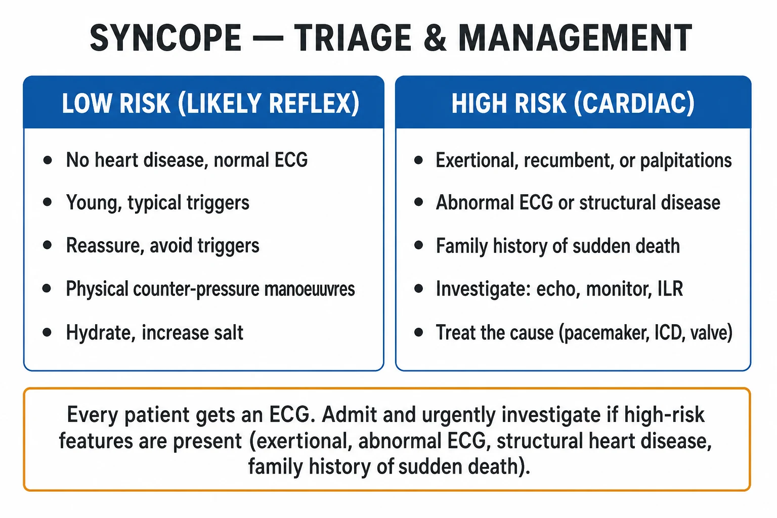 Clean management infographic: ESC diagnostic pathway, risk-stratify with SFSR/CSRS, low-risk discharge, high-risk admit, mechanism-specific therapy boxes (reflex lifestyle + countermanoeuvres, OH stop drugs + salt + midodrine, cardiac treat cause)