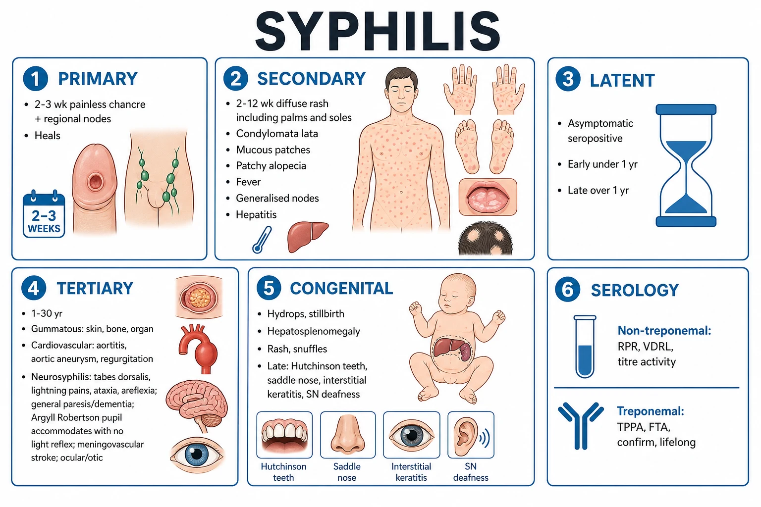 Clean infographic: the four acquired stages plus neurosyphilis, congenital syphilis, and the two-tier serology of syphilis