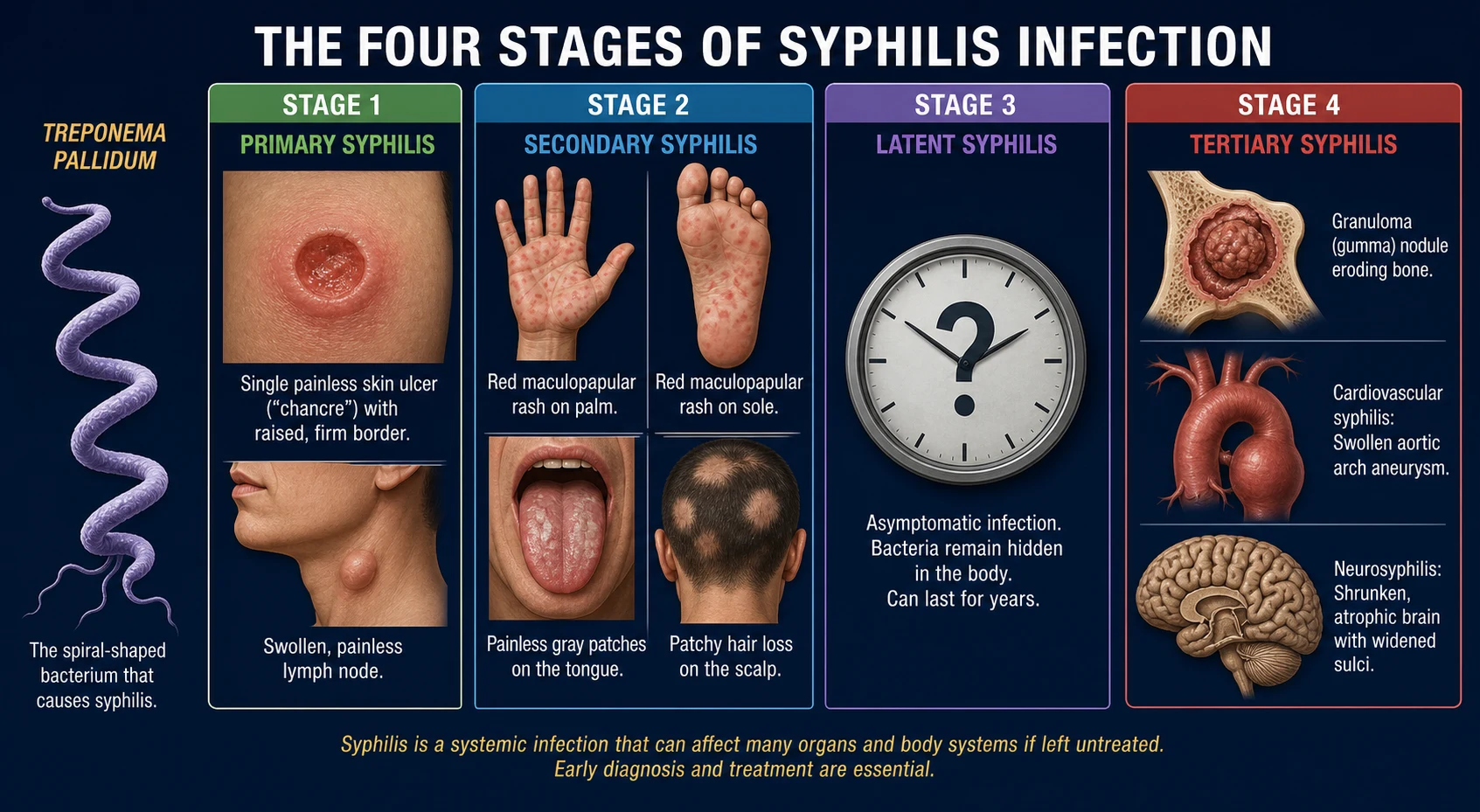 Mechanism infographic of syphilis pathophysiology: corkscrew spirochete Treponema pallidum entering through mucosa, primary indurated chancre with rubbery lymph node, secondary dissemination producing palmar and plantar rash, mucous patches, moth-eaten alopecia, tertiary gumma, ascending aortic aneurysm with aortic regurgitation, and neurosyphilis with dorsal column degeneration, cortical atrophy and an Argyll Robertson pupil