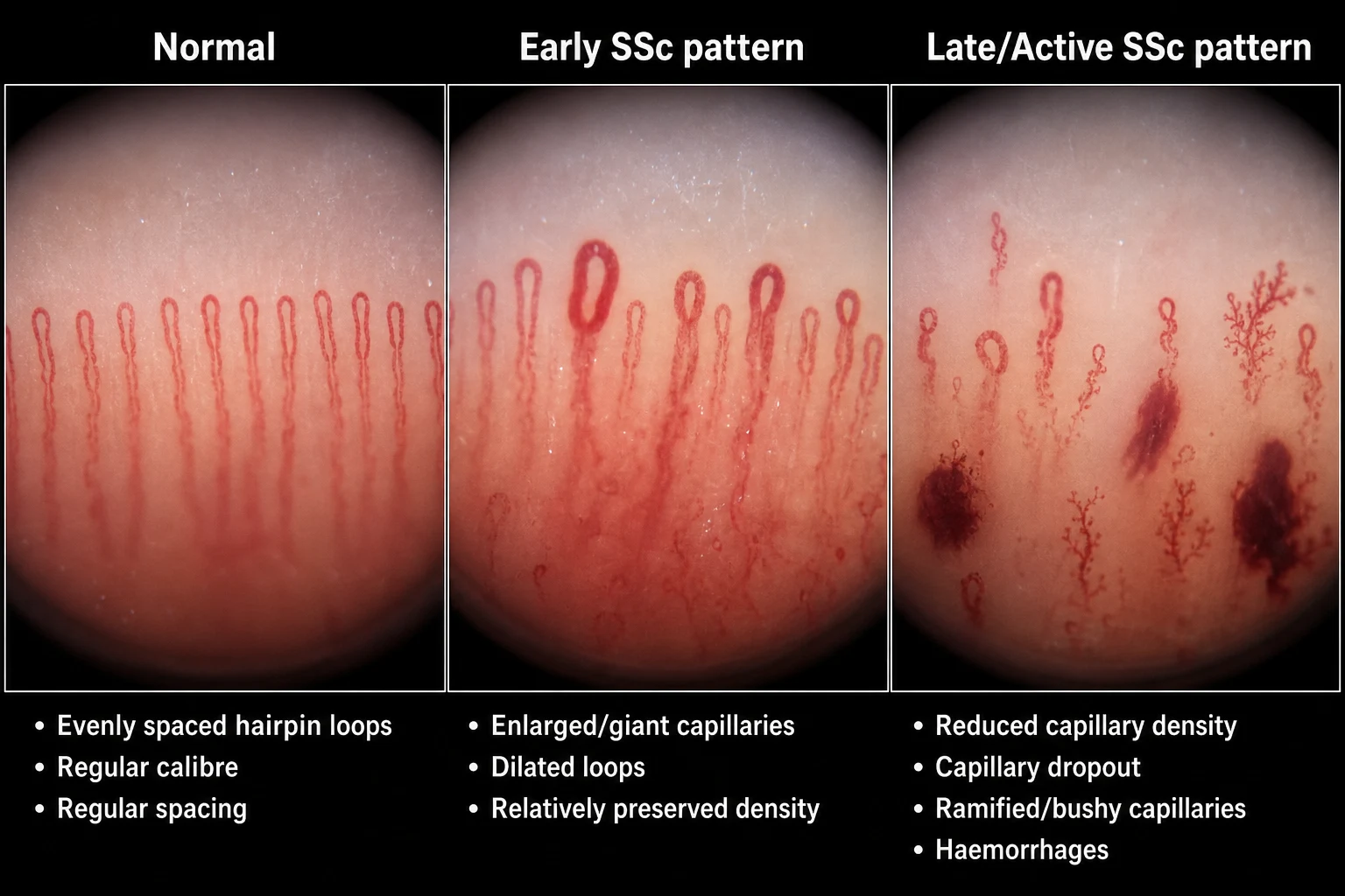 Close-up macro photograph of a nailfold seen through capillaroscopy: dilated ectatic giant capillary loops, dark microhaemorrhages, and areas of capillary dropout against pale nailfold skin