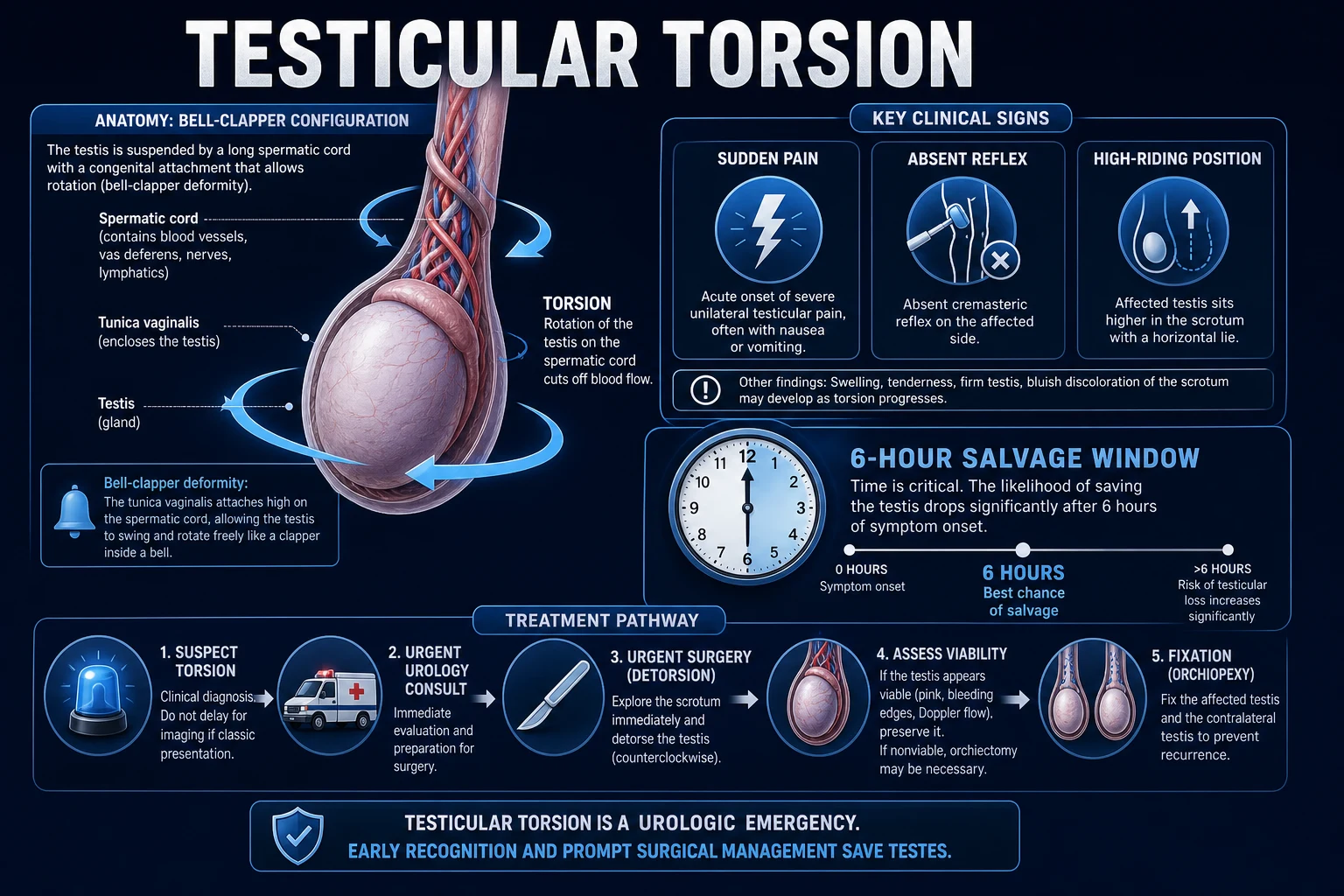 Normal anchoring of the testis contrasted with the bell-clapper deformity and the cascade from cord twist to infarction.