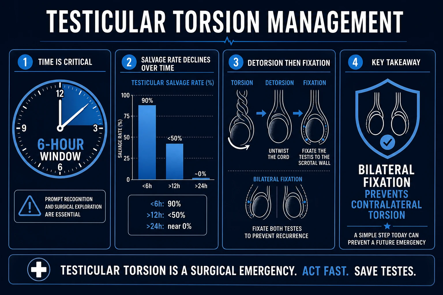 Surgical algorithm: scrotal exploration, detorsion, viability assessment, orchidopexy or orchidectomy, and contralateral fixation.