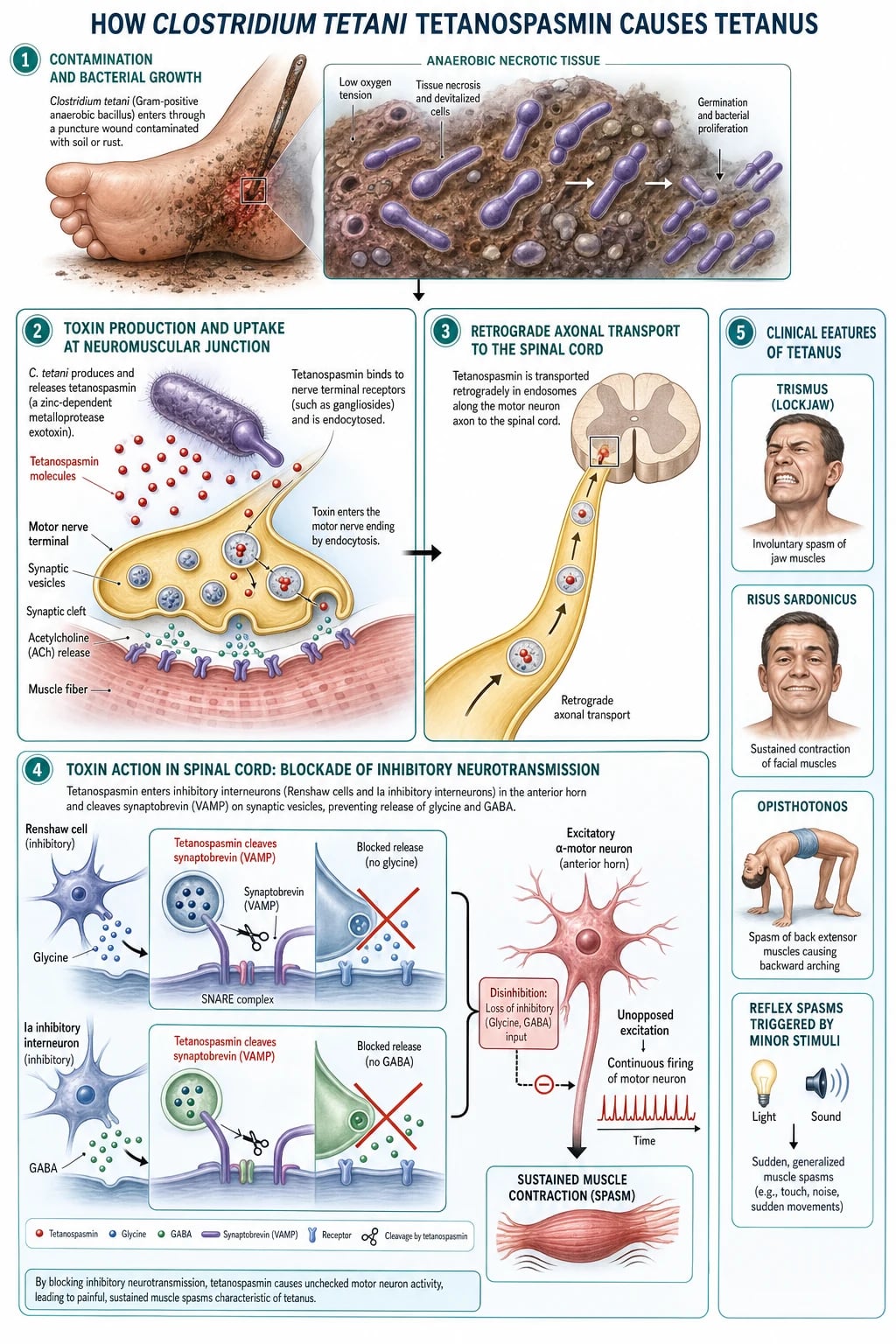 Mechanism infographic: anaerobic wound with C. tetani spores germinating, tetanospasmin entering a motor nerve ending, retrograde axonal transport to the spinal cord, cleavage of synaptobrevin blocking glycine and GABA release, and the resulting unopposed motor discharge producing trismus, risus sardonicus, opisthotonos and stimulus-triggered spasms
