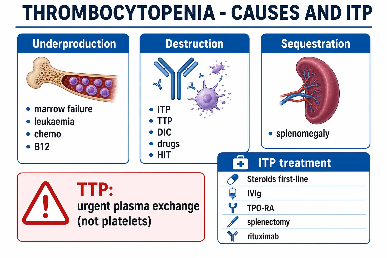 Clean infographic of thrombocytopenia causes by mechanism and the ITP management ladder