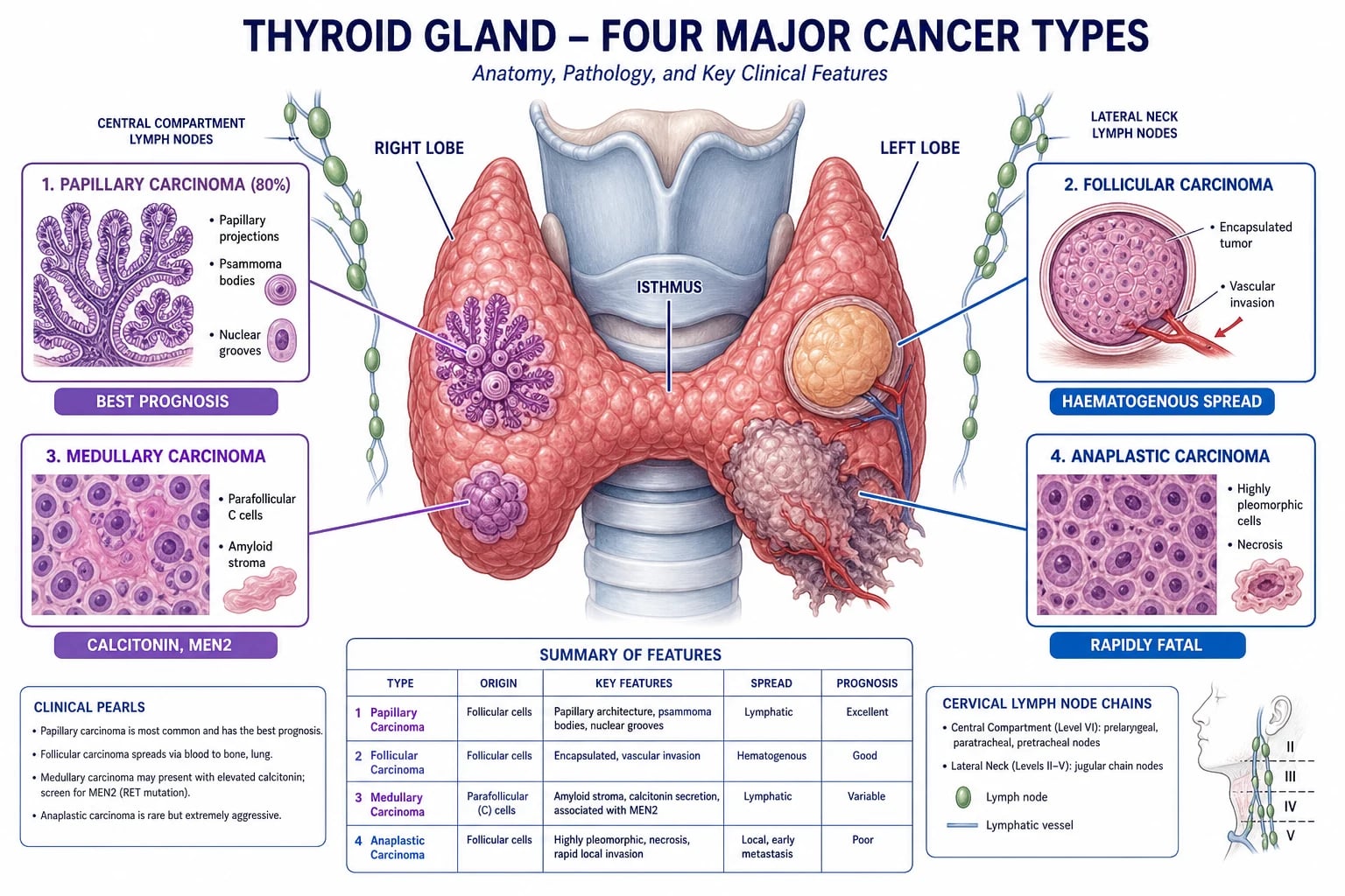 AJCC TNM 8th edition staging of thyroid cancer: differentiated cancer uses age cutoff 55 (stage I to II under 55; stages I to IV at 55 and over), medullary cancer staged at any age, all anaplastic carcinoma is stage IV.