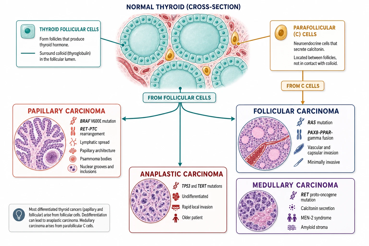 Pathophysiology infographic showing the two thyroid cell lineages and their molecular pathways to papillary, follicular, medullary and anaplastic carcinoma