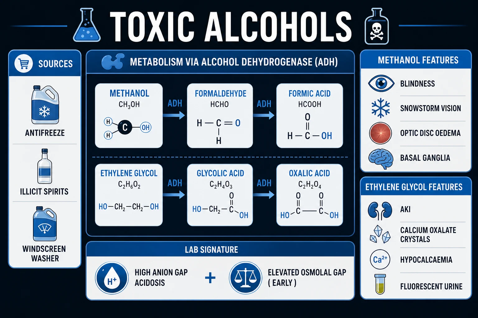 Clean infographic contrasting methanol versus ethylene glycol: metabolic pathways, metabolites, end-organ targets, and the laboratory signature of anion gap and osmolal gap over time