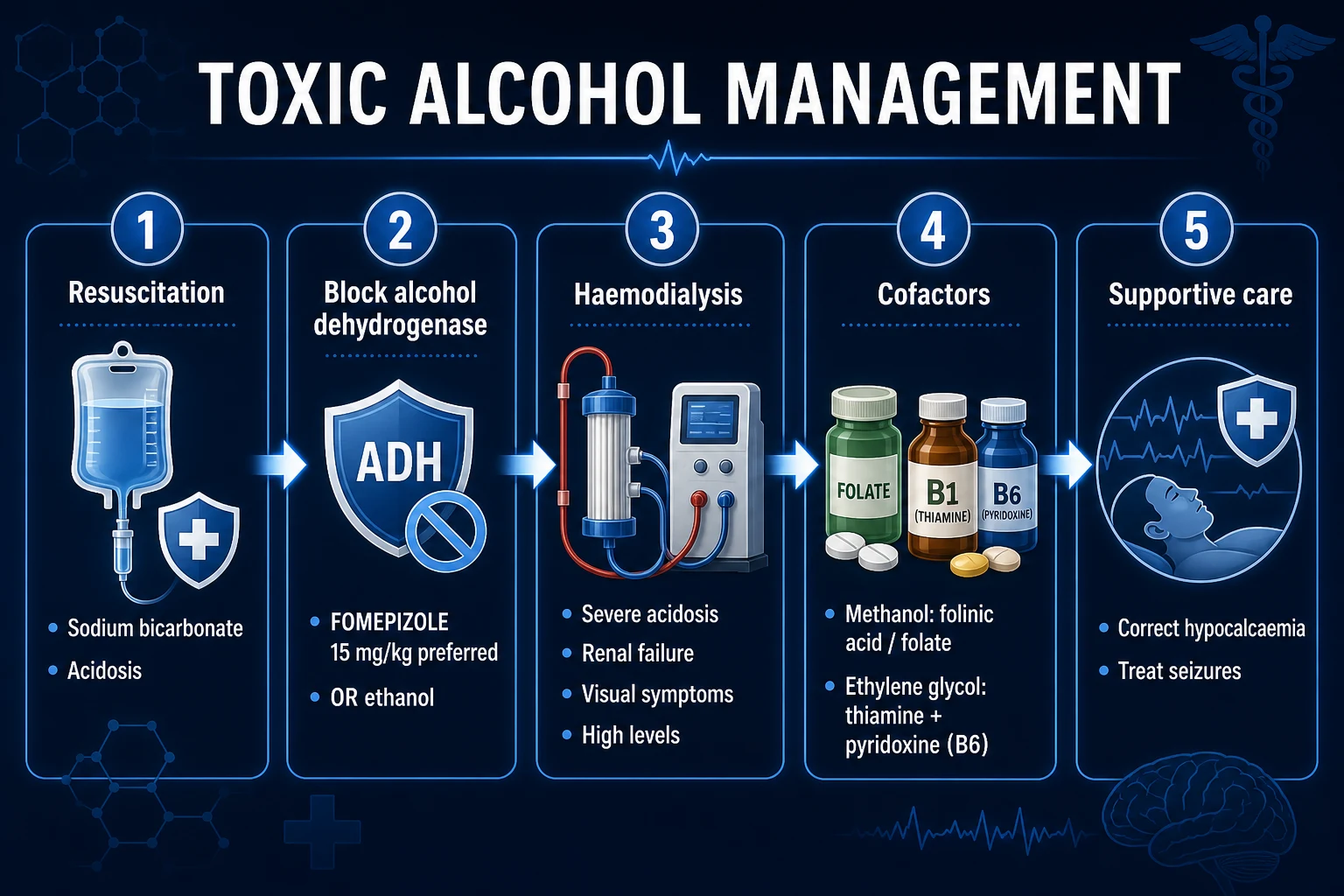 Clean stepwise management infographic: resuscitation, block ADH with fomepizole or ethanol, sodium bicarbonate, folinic acid for methanol, and haemodialysis with indications