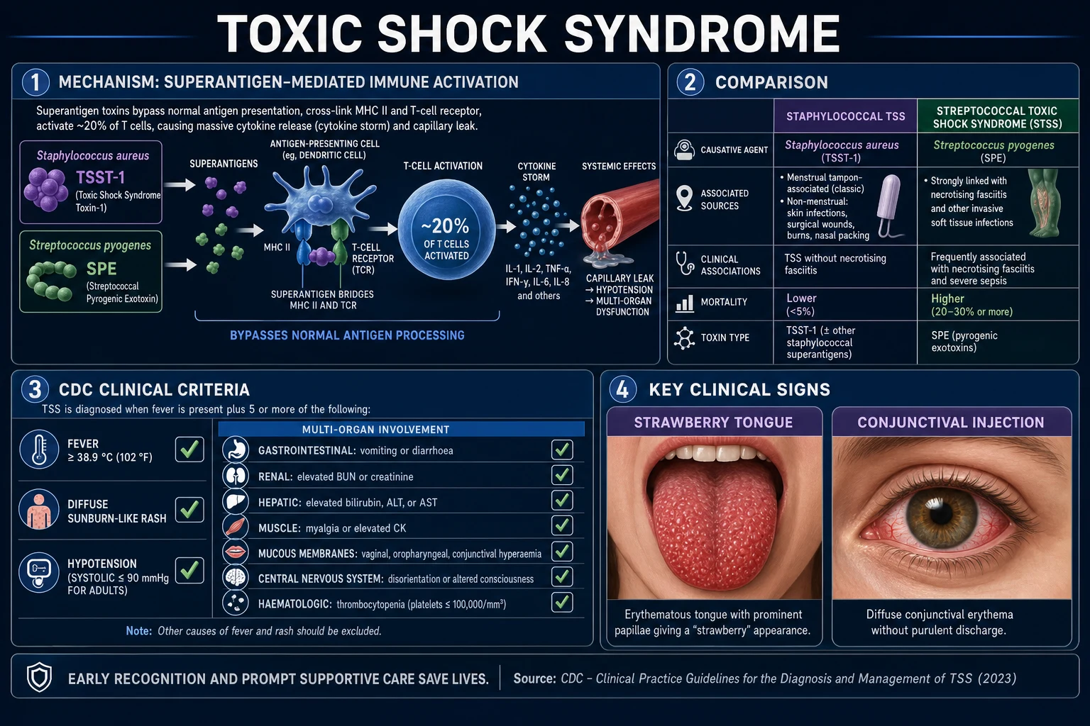 Clean infographic classifying toxic shock syndrome: staphylococcal TSS (menstrual vs non-menstrual) versus streptococcal TSS, with CDC criteria summary, sources, bacteraemia, and mortality for each
