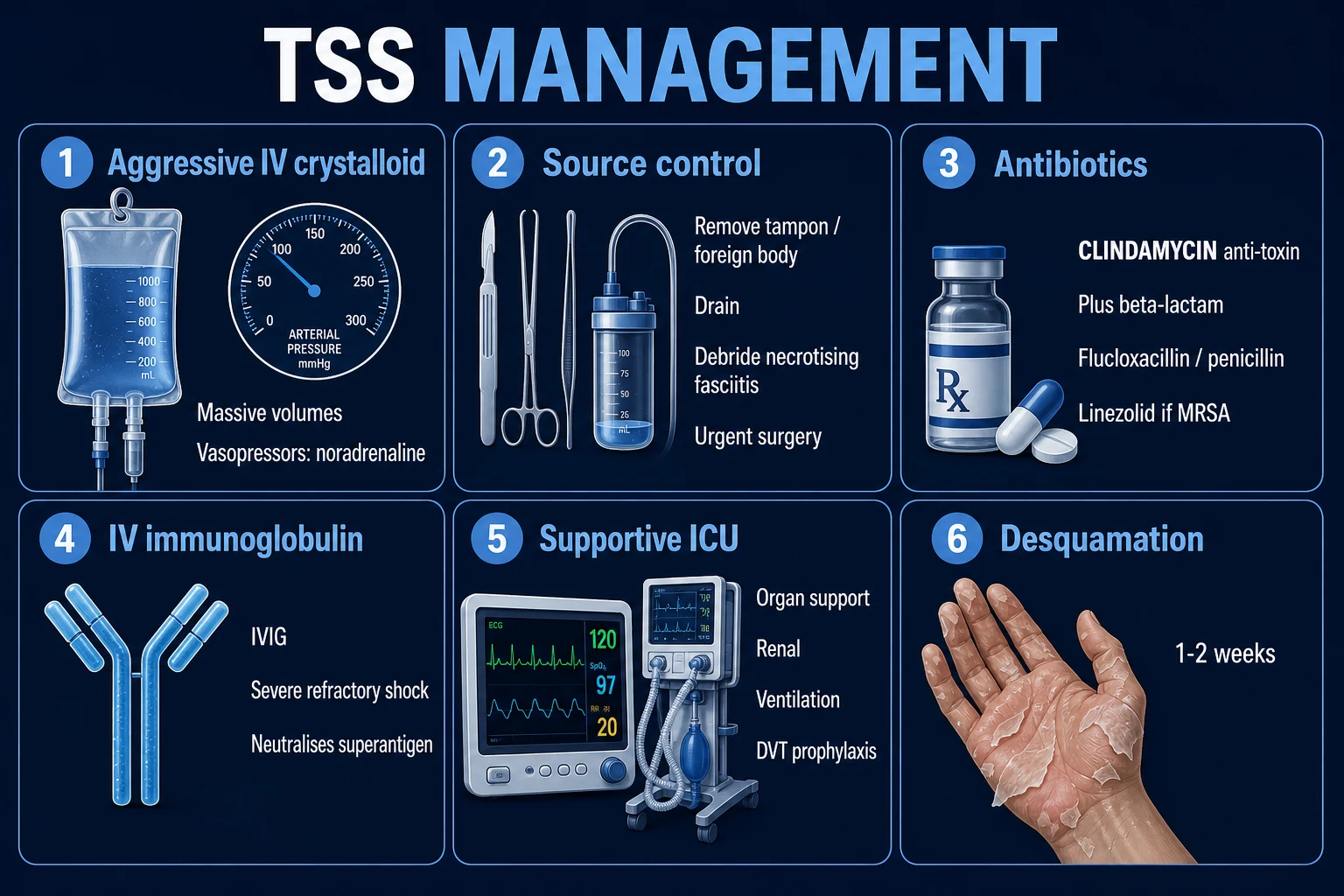 Clean management infographic: resuscitation (fluids, vasopressors, oxygen), source control (remove foreign bodies, surgical debridement), empirical antibiotics including an anti-toxin agent, IVIG in severe disease, ICU organ support