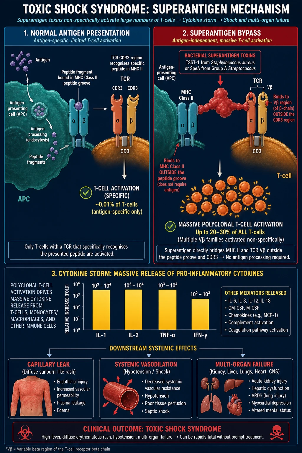 Scientific pathophysiology infographic: normal antigen presentation (peptide in MHC-II groove, TCR CDR3 specific recognition, ~0.01 percent T-cells) versus superantigen bypass (TSST-1 or SpeA binding the outer surface of MHC-II AND the TCR V-beta region, 20 to 30 percent polyclonal T-cell activation); cytokine storm bar chart of IL-1, IL-2, TNF-alpha, IFN-gamma; downstream capillary leak, vasodilation, multi-organ failure