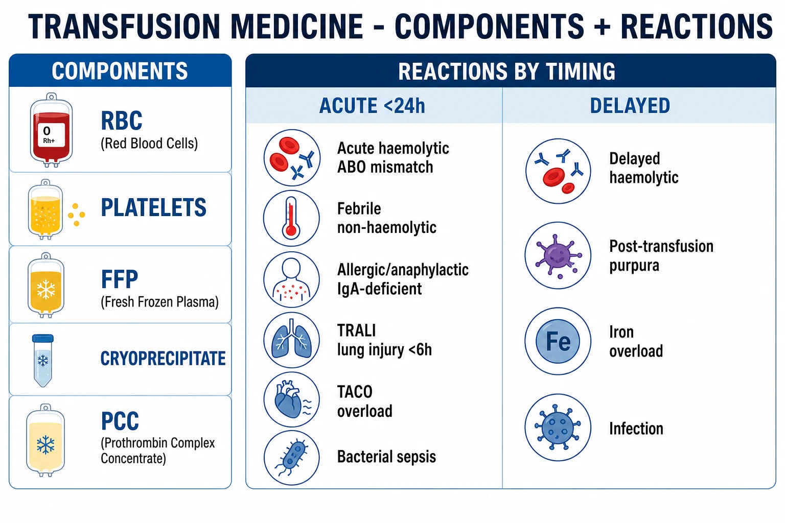 Clean infographic: blood components plus transfusion reactions by timing — acute (under 24 hours) and delayed (over 24 hours)