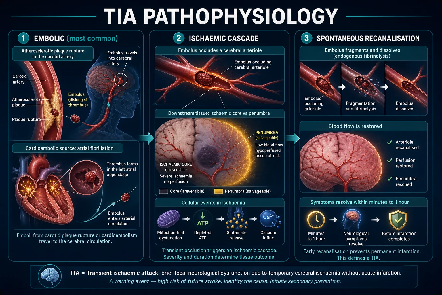 Pathophysiology of TIA: embolic occlusion, ischaemic cascade with core and penumbra, spontaneous recanalisation
