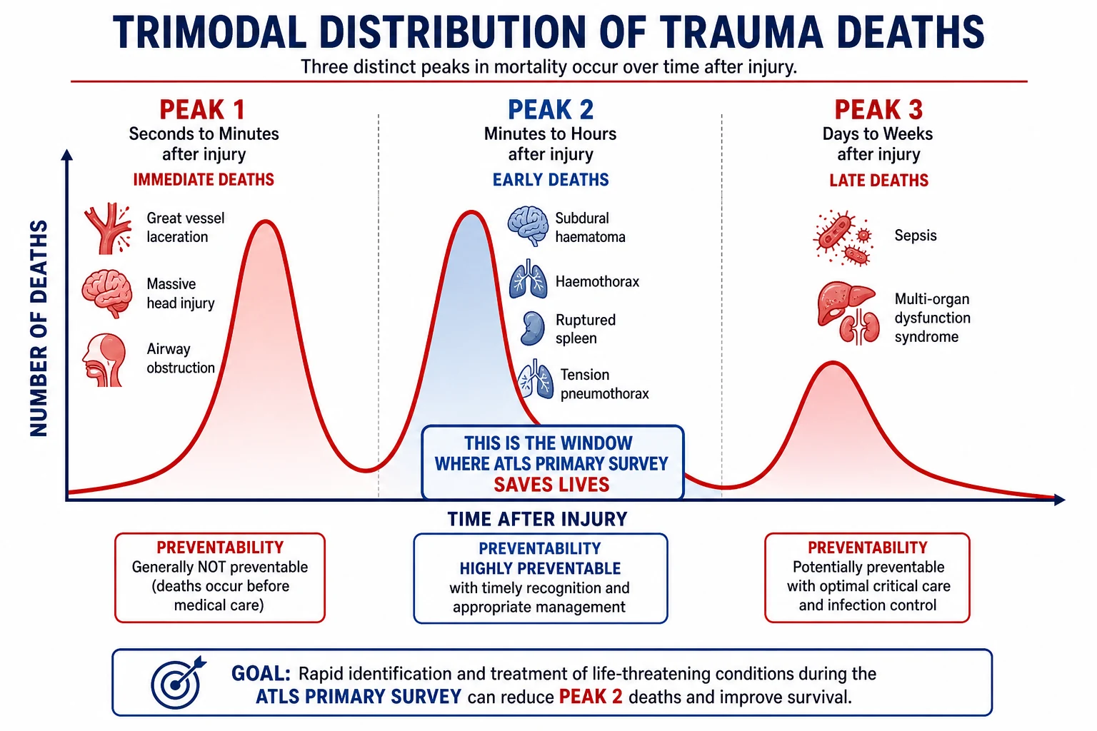 Trimodal distribution of trauma deaths across three time peaks.