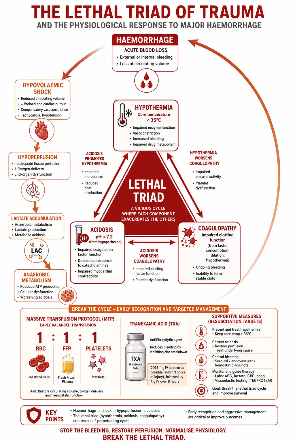Lethal triad of trauma: hypothermia, acidosis, coagulopathy forming a vicious cycle.