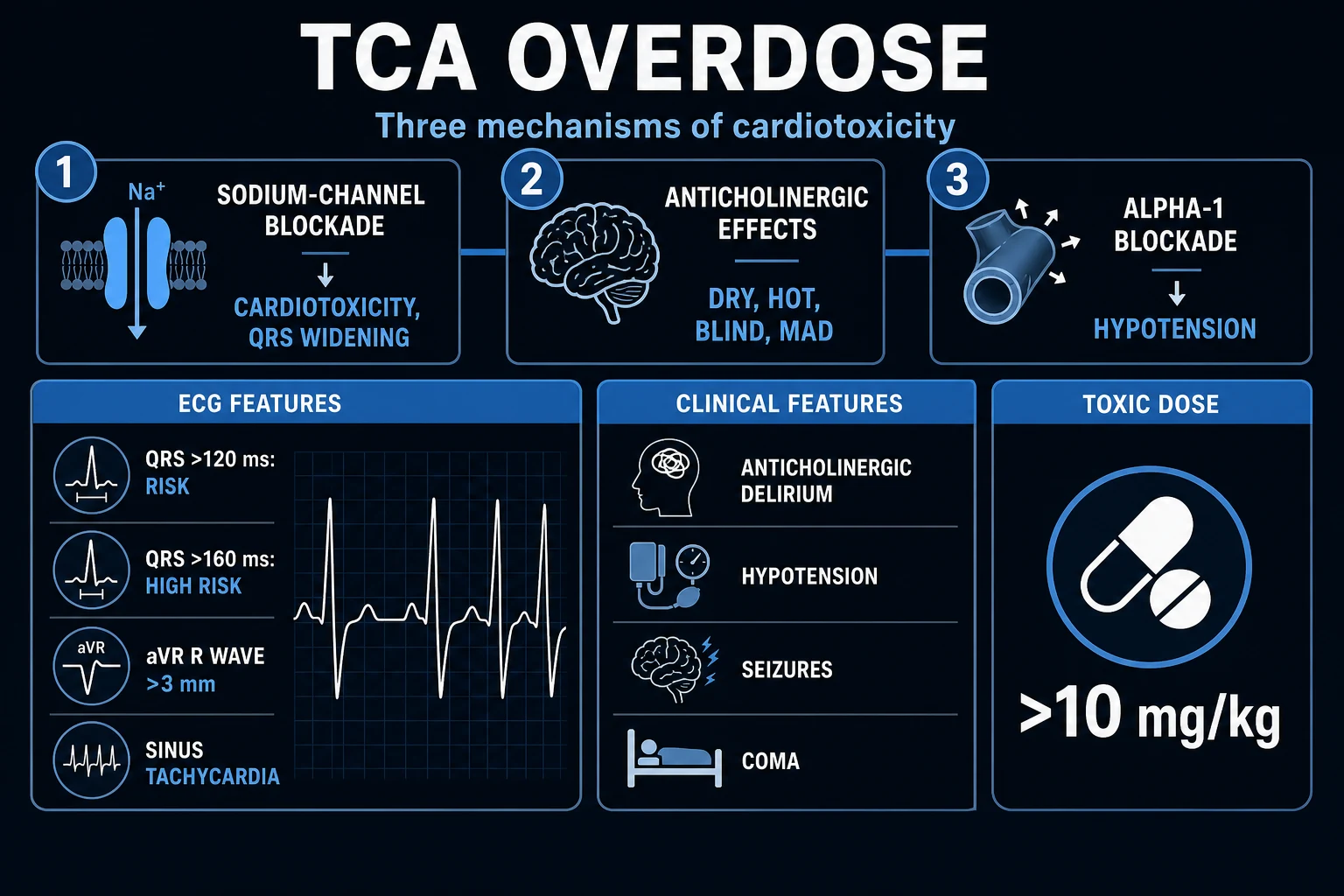 Clean infographic comparing TCA overdose subtypes and the contrast with SSRI overdose: mechanism, three toxic effects, ECG features, and severity