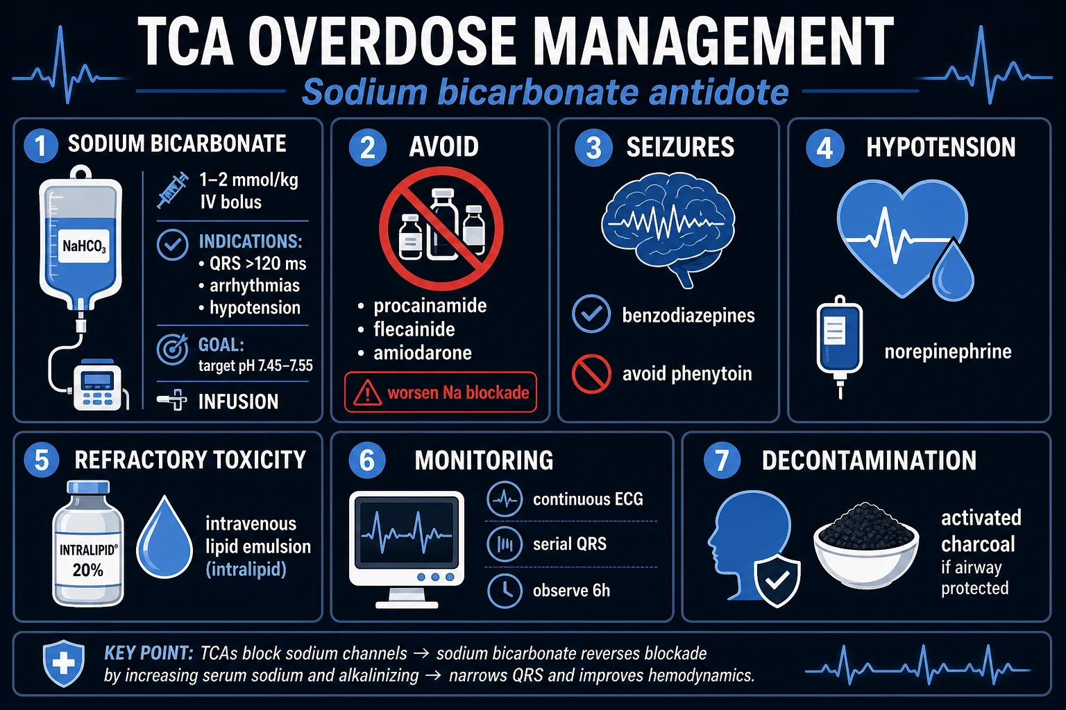 Clean management infographic for TCA overdose: ABCDE, decontamination, sodium bicarbonate, hypertonic saline, benzodiazepines, vasopressors, lipid emulsion
