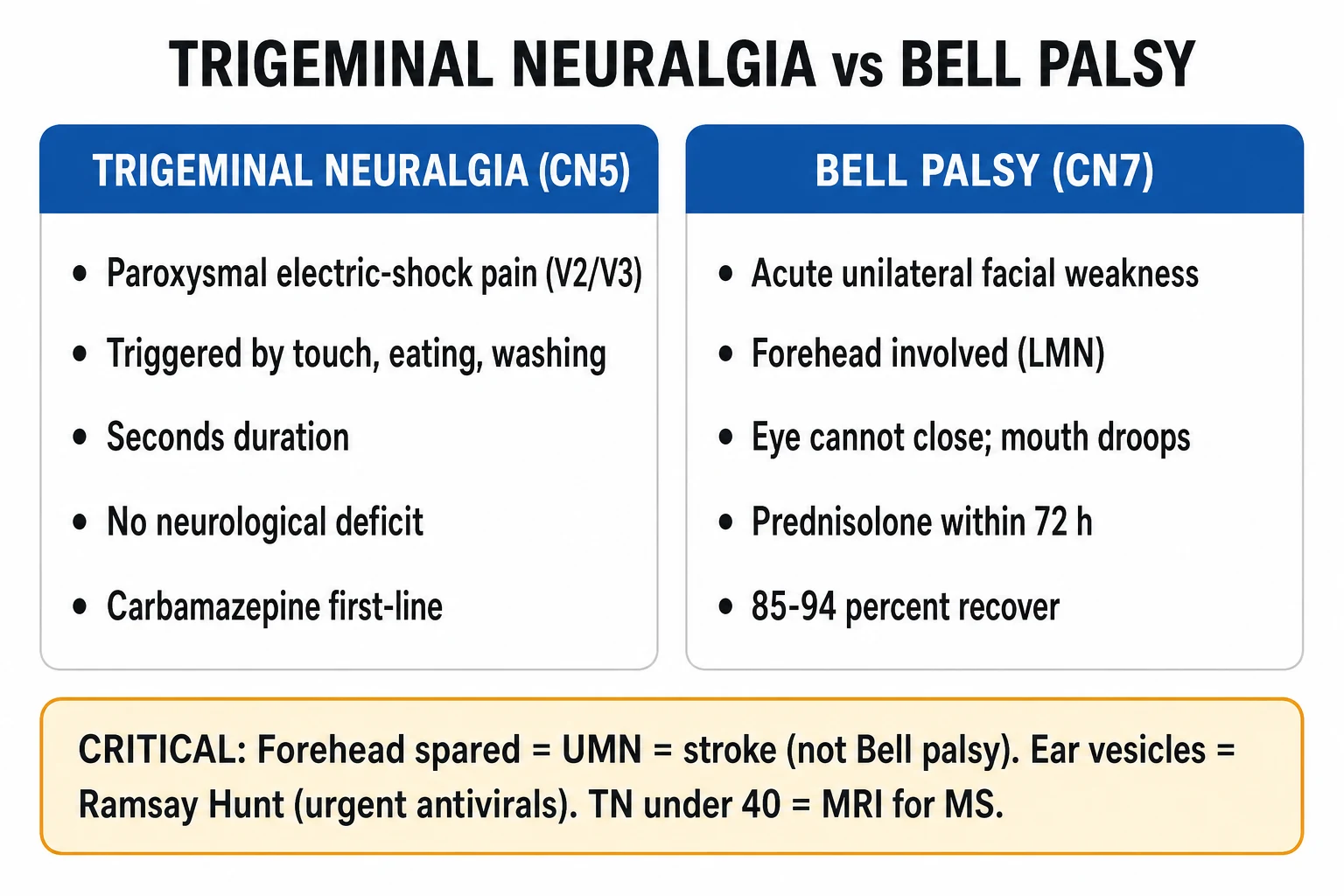 Clean two-ladder management infographic: trigeminal neuralgia carbamazepine to surgery; Bell palsy steroids within 72 hours and eye protection