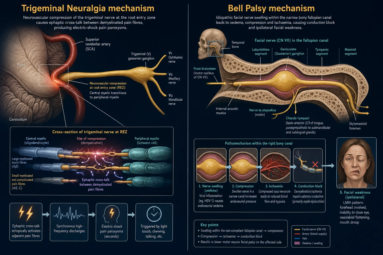 Mechanism infographic: left panel trigeminal neurovascular compression and ephaptic transmission; right panel facial nerve swelling in the fallopian canal